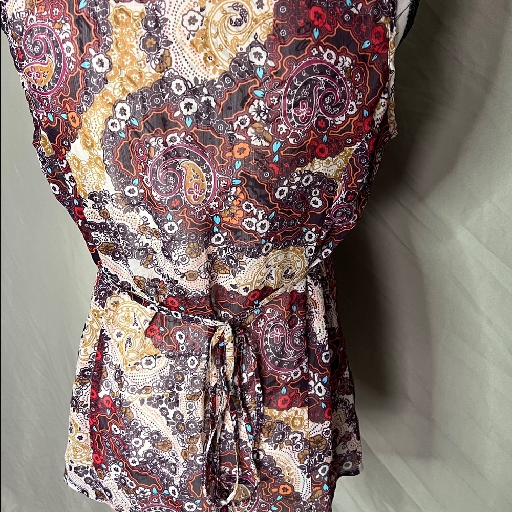 Sheer floral paisley print baby doll sleeveless top ties in back Large boho - Picture 4 of 10